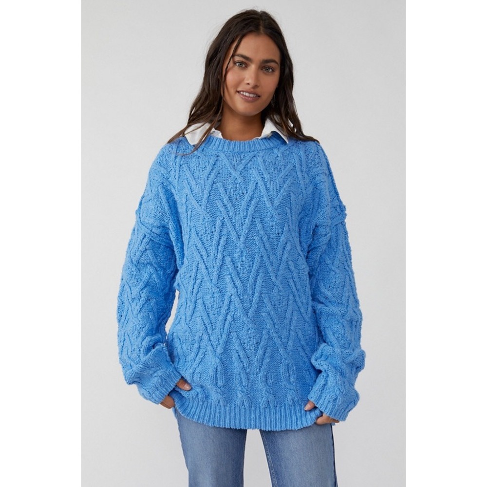 Free People Isla Blue Cable Knit Oversized Crewneck Pullover Sweater Medium
